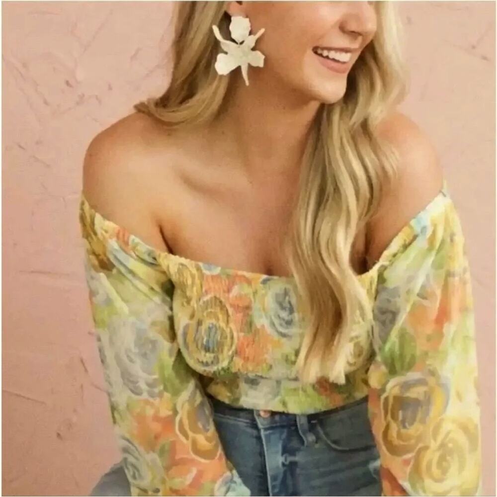 NWT By Anthropologie Rouen Yellow Watercolor Floral Rose Smocked Top XL New